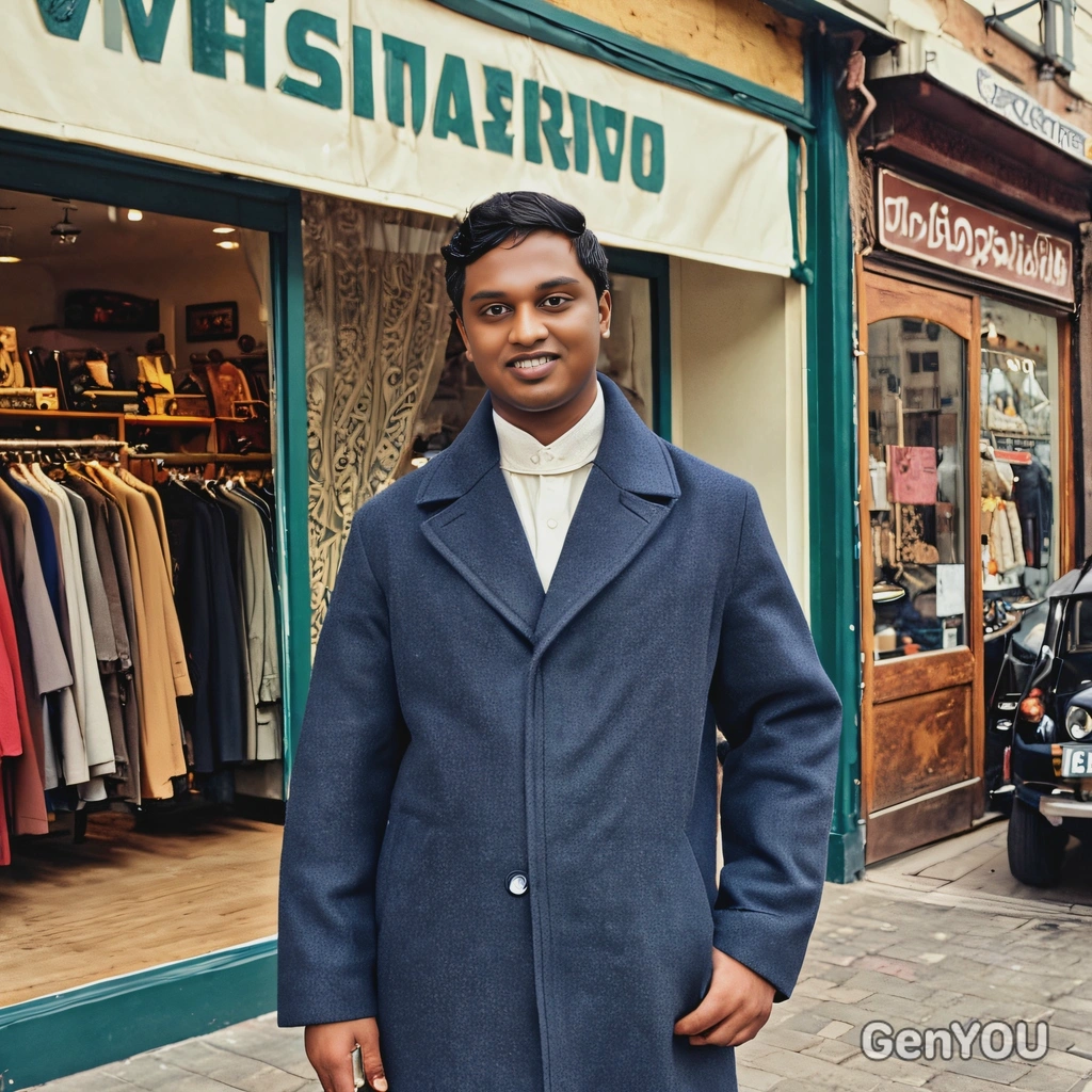 in front of a vintage store in a stylish coat