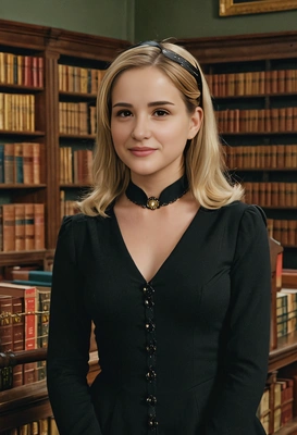 as Sabrina Spellman in a dark, enchanting ensemble, in the library of the Academy of Unseen Arts, mid-shot 