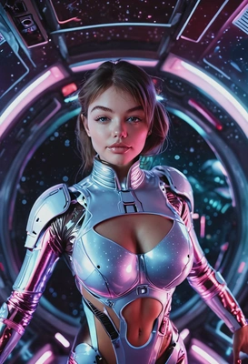 seductive sexy woman with curves in a space ship, looking at the viewer, wearing tiny tempting fitted futuristic suit, zero gravity, bokeh effect, bathed in neon glow, space background, sharp high-quality image