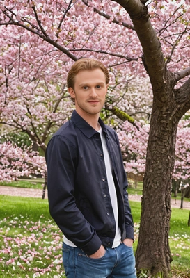 as a boyfriend standing under a cherry blossom tree, with soft petals falling around them in a serene park