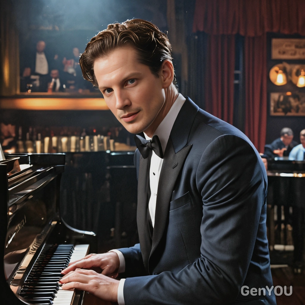 as Sebastian from La La Land, in a classic musician's suit, at the piano in a dimly lit jazz club 