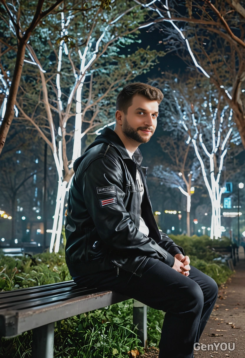sitting on a bench in a cyberpunk park, illuminated by glowing trees