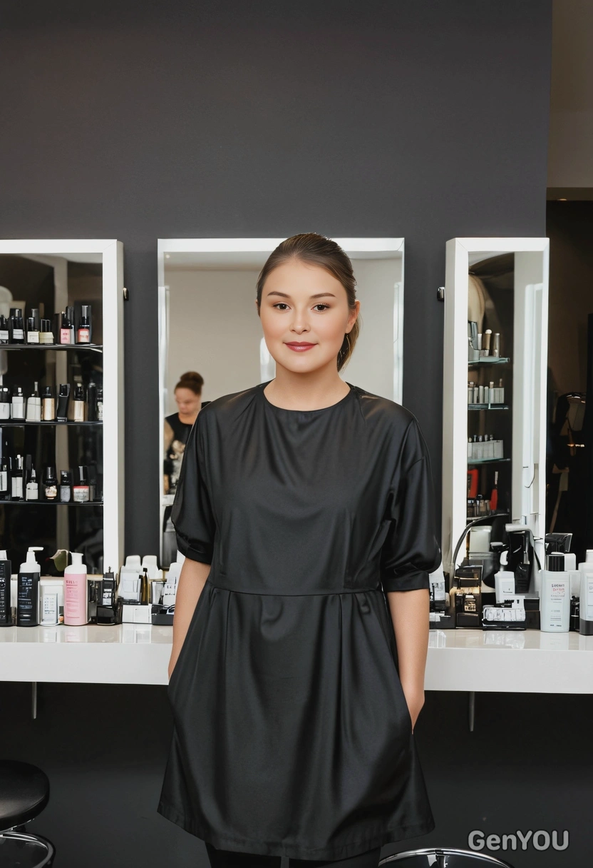 as a hair stylist, wearing a trendy black smock over a stylish outfit, standing in a sleek, modern salon with mirrors and hair products neatly arranged on the counter