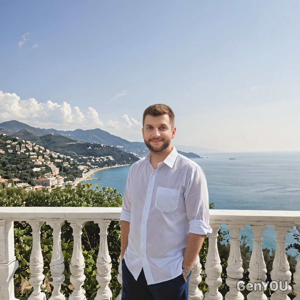 standing on a grand terrace overlooking the Italian Riviera