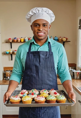 as a cheerful baker, apron, baker hat, holding a tray of freshly baked cupcakes, colorful kitchen, looking directly into the camera, symmetrical clothing details, cartoon style, high-quality stylized art