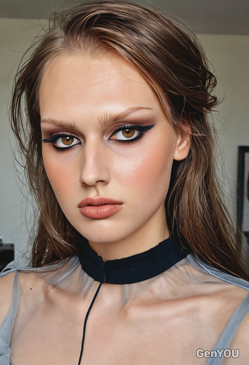 winged eyeliner, long hair, blouse, smoky eyes makeup, brown, symmetrical details