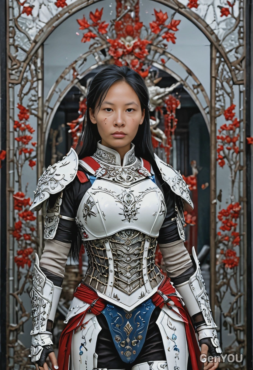 As a porcelain doll-like warrior, her delicate body reinforced with magical armor, standing in a realm of shattered mirrors, looking directly at you, vivid colors, symmetrical clothing details, video game style, high-quality stylized art