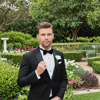 As a groom in a black tuxedo with a velvet bowtie, standing in an elegant garden ceremony, half body 
