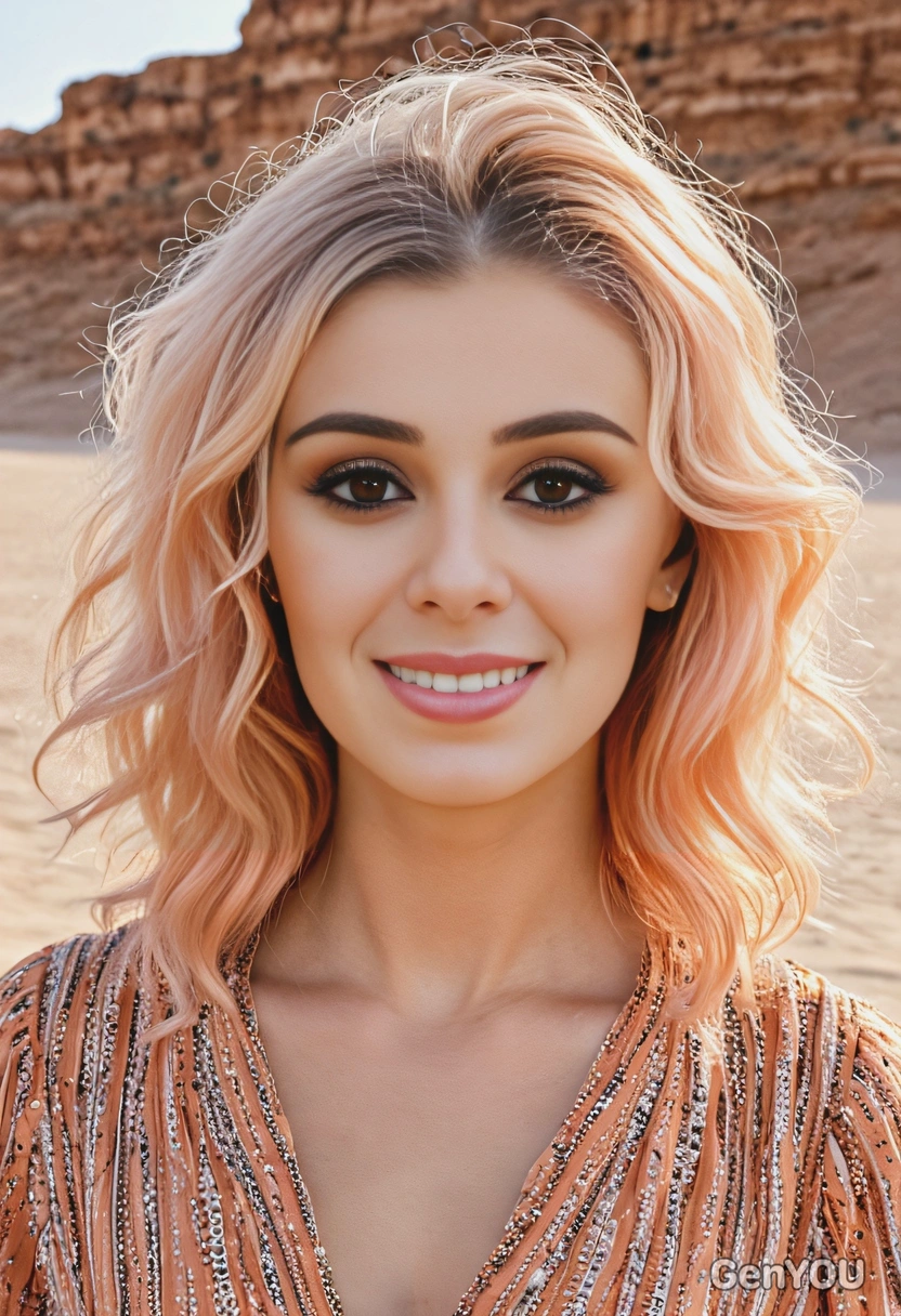 mid-length wavy hair in pale coral with streaks of pastel orange, styled in loose layers, set in a warm desert glow