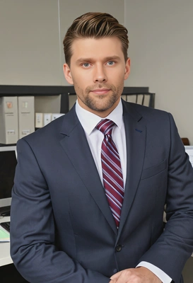 as an accountant, wearing a business suit, in a corporate office