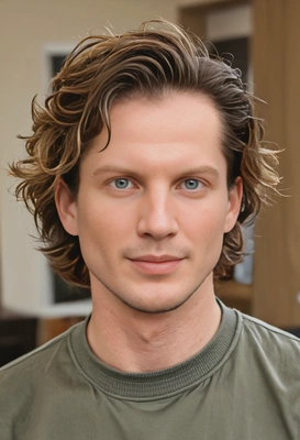 wavy medium-length haircut with caramel balayage, soft focus, blurred background