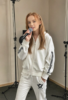 as a K-pop trainee, dressed in a trendy tracksuit and sneakers, singing into a microphone during vocal practice in a recording studio