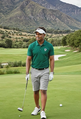 Golfer on course with mountains, akin to nfl players headshots