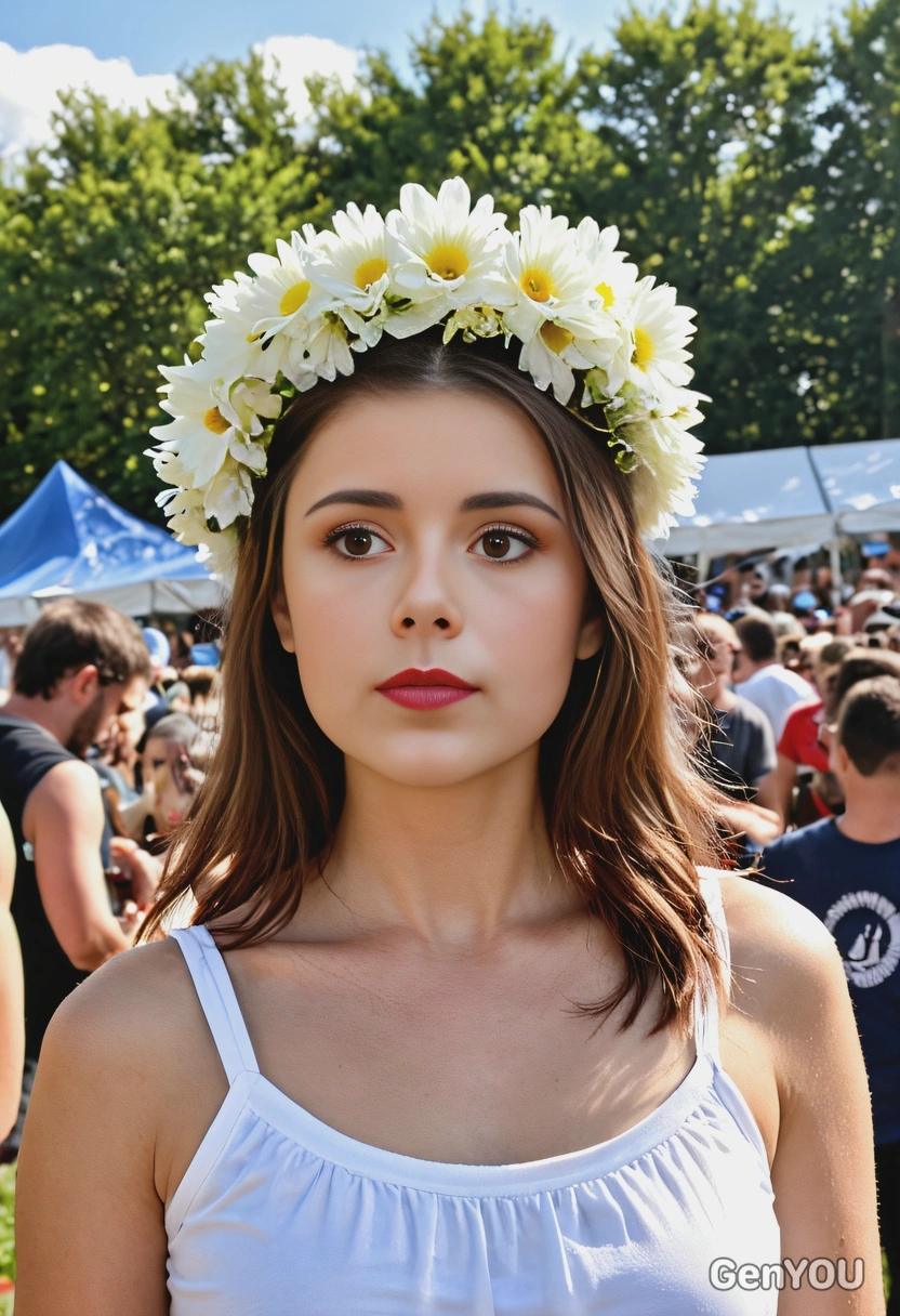 in a flower crown, at a music festival under a sunny sky