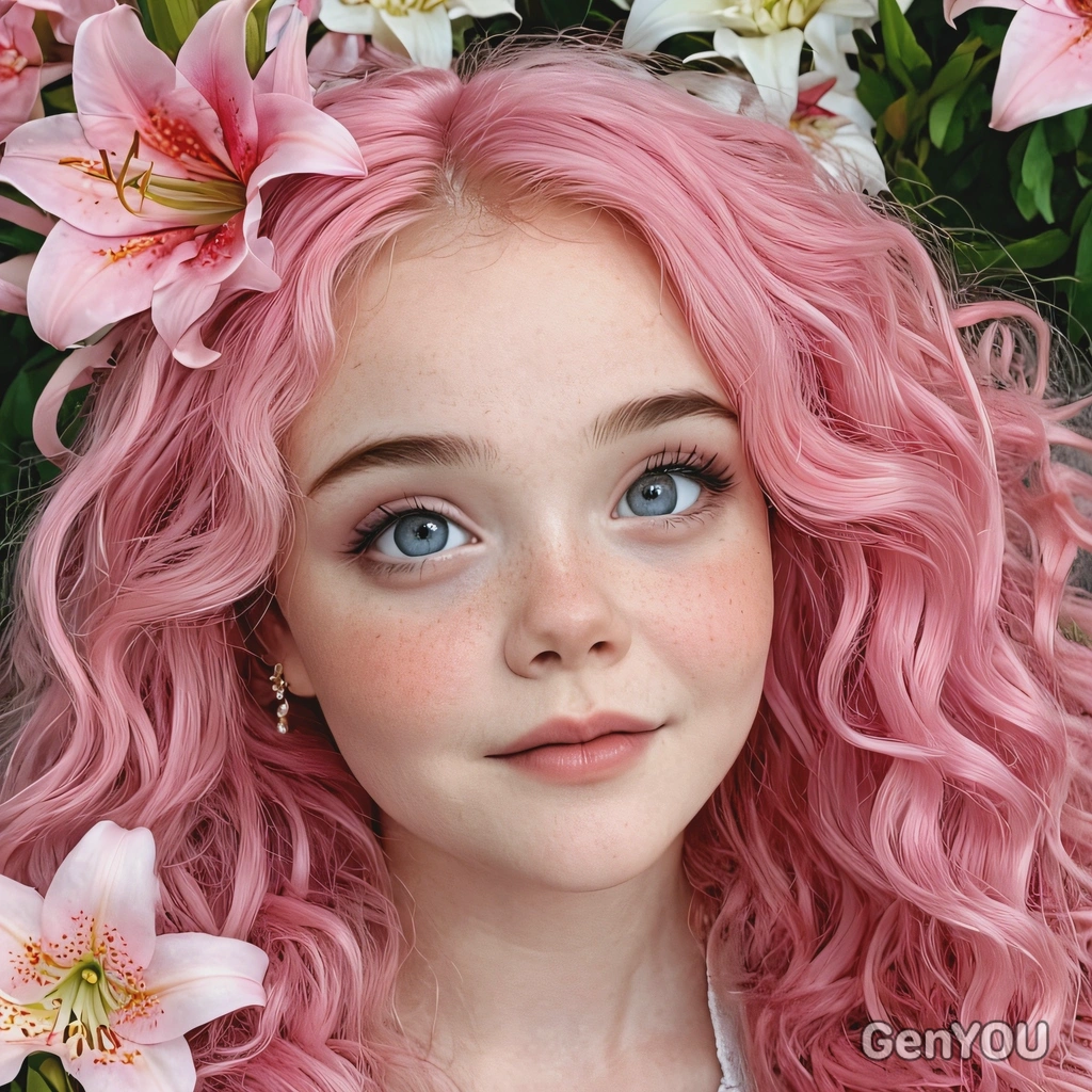dreamy fantasy style, big eyes, long curly pink hair, lily flowers, soft makeup