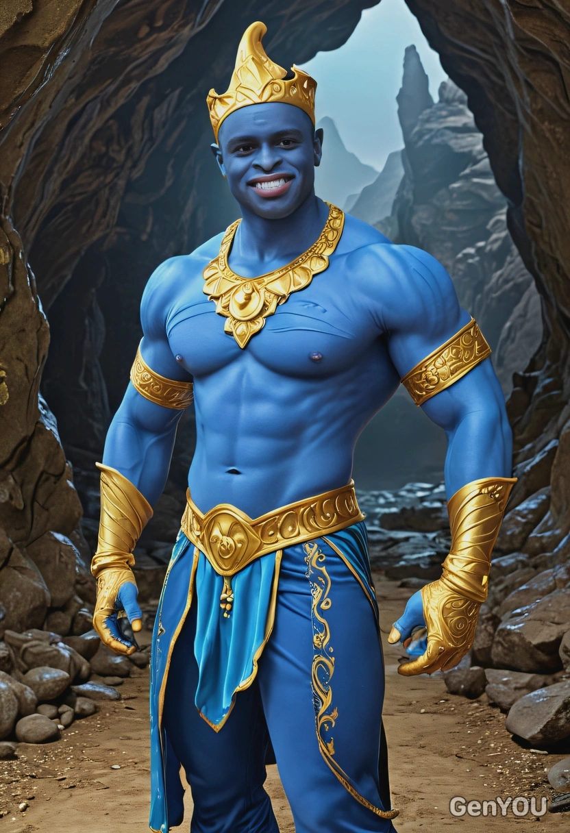 as a magical blue genie, whole body painted blue, blue face, muscular, mischievous grin, smiling, cave full of gold, symmetrical clothing details, cartoon style, high-quality stylized art