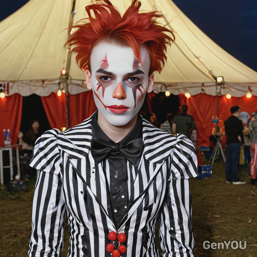 wearing a spooky clown costume with exaggerated makeup, standing near a broken-down circus tent with flickering lights