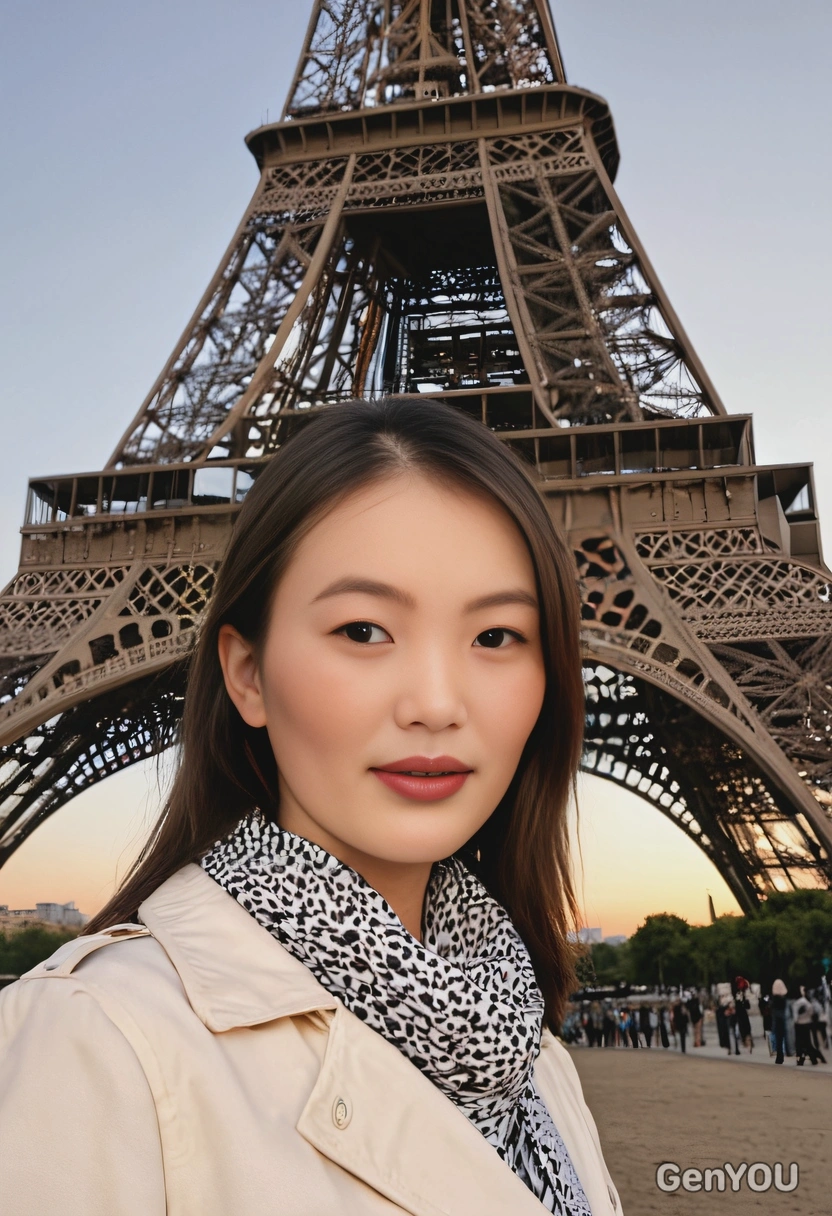 standing in front of the Eiffel Tower at sunrise, the soft glow of dawn reflecting in their eyes
