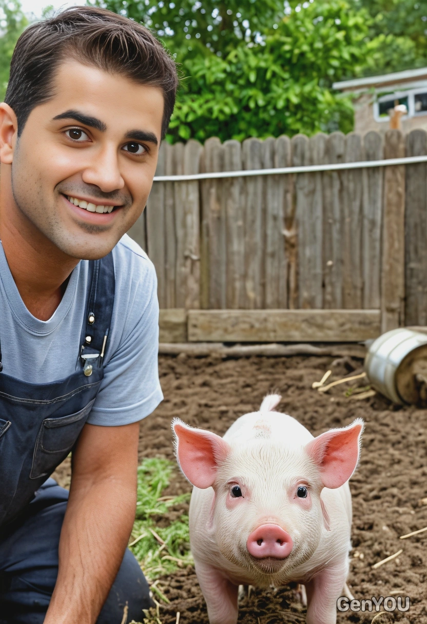 as a farmer, with a mini-pig in backyard, looking at viewer 
