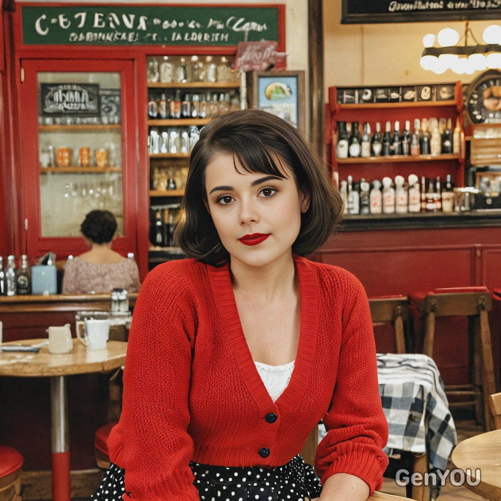 as Amélie Poulain (from Amélie), mid-shot, in a red cardigan and a polka dot skirt, in a quaint Parisian café 
