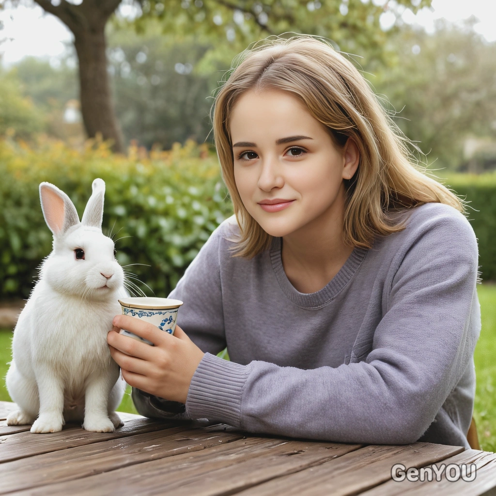 having tea outside with her pet rabbit, soft focus, blurred background 