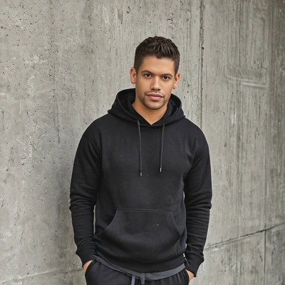 mid-shot, with an undercut, in a minimalist black hoodie and joggers, against a simple concrete wall, looking at camera 