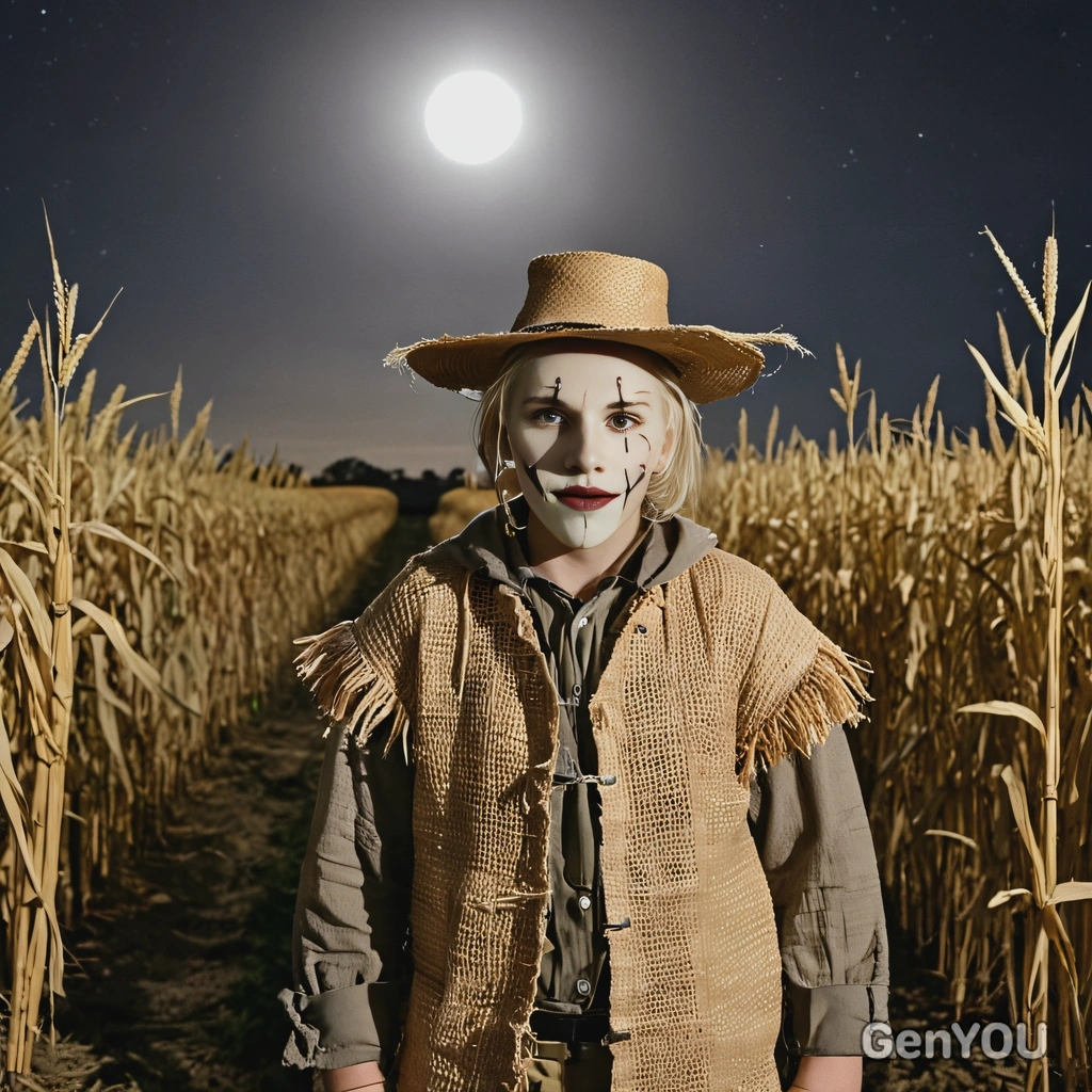 dressed as a scarecrow with a burlap mask and straw stuffing, standing in a dimly lit cornfield under a full moon