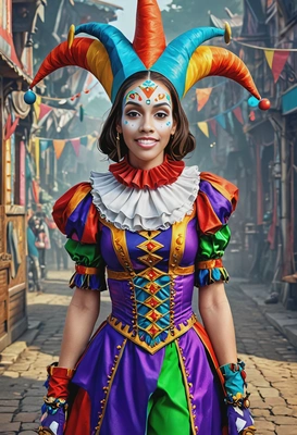 As a trickster, wearing a colorful jester's outfit, a surreal carnival behind, looking directly at you, vivid colors, symmetrical clothing details, video game style, high-quality stylized art