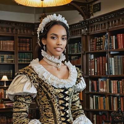 dressed in an elaborate Elizabethan gown with a ruffled collar, standing in a dimly lit library filled 