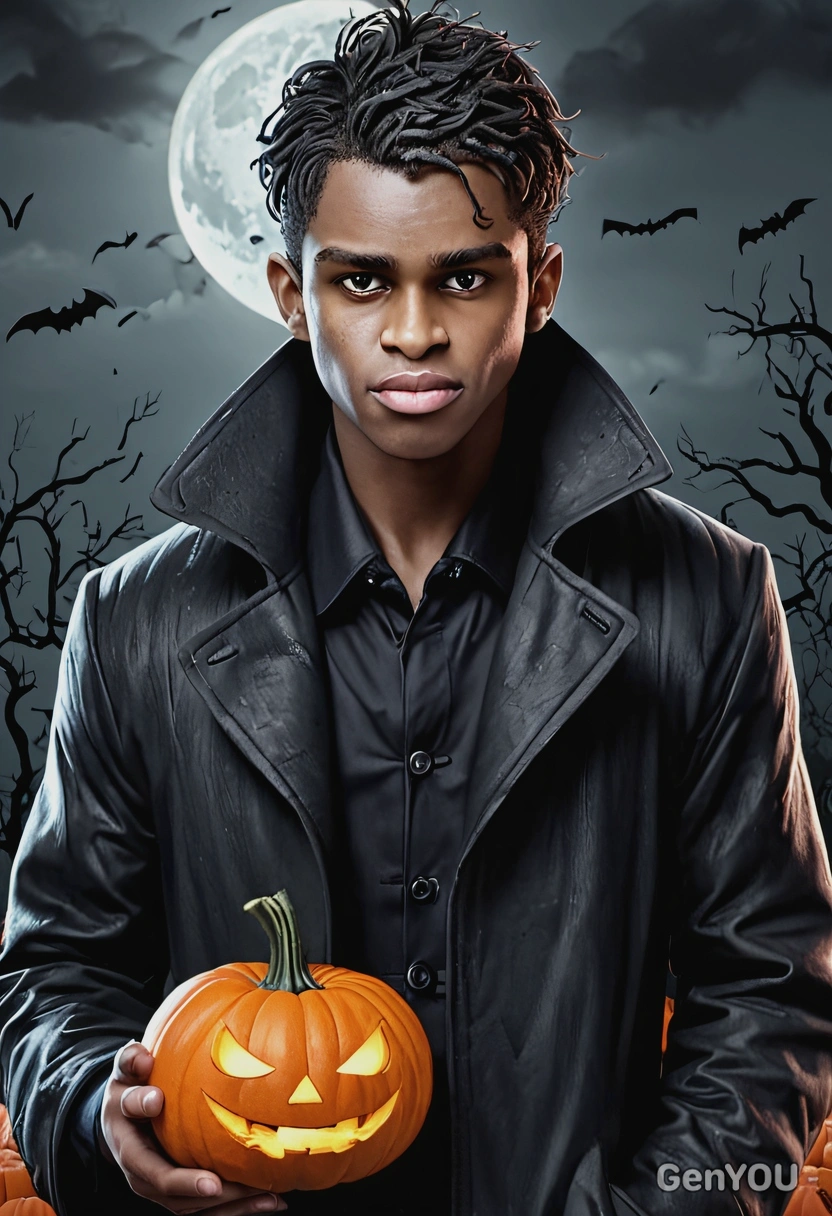 as a spooky character for halloween, coat, pumpkins, eyes on you, high-quality stylized art, cartoonish style, visible brushstrokes