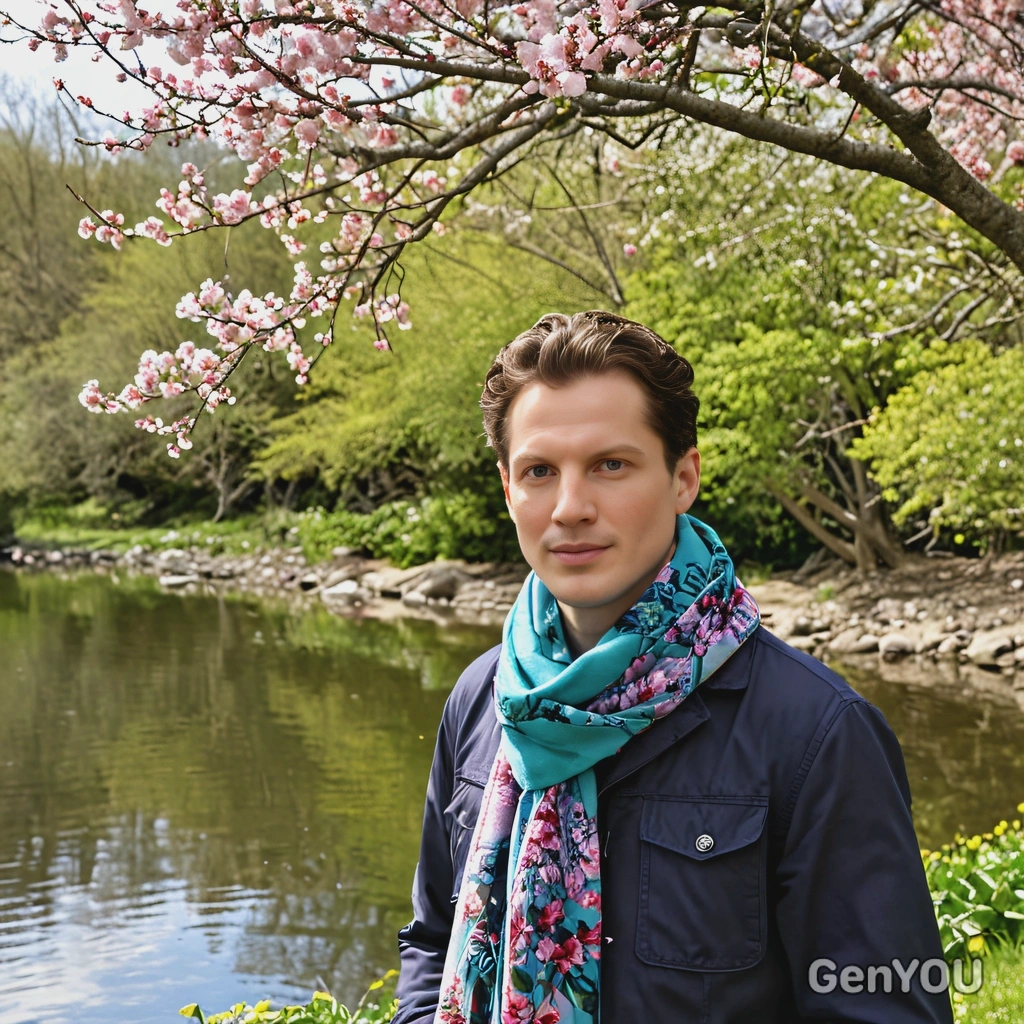 wearing a springtime scarf and jacket, standing by a calm river, with blooming trees and vibrant flowers reflected on the water’s surface