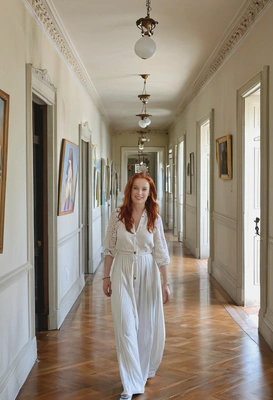 as a smiling woman, strolling through an art-filled corridor of a mansion