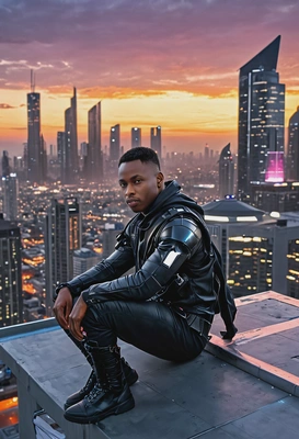 sitting on the edge of a rooftop in futuristic outfit, overlooking a futuristic cyberpunk cityscape at dusk
