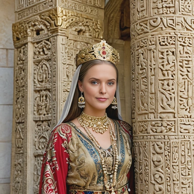 as an Ancient Persian queen, dressed in a richly adorned robe with gold jewelry, standing beside a stone pillar with intricate carvings