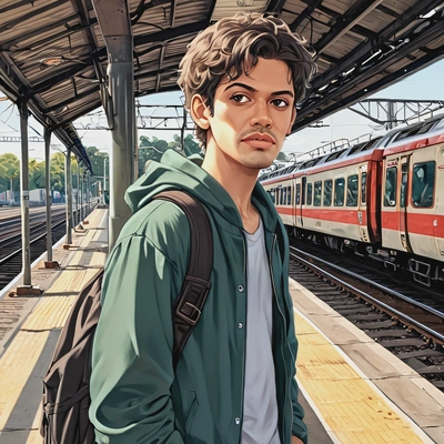 standing at a train station, waiting for the next train, anime style, big eyes, manga drawing