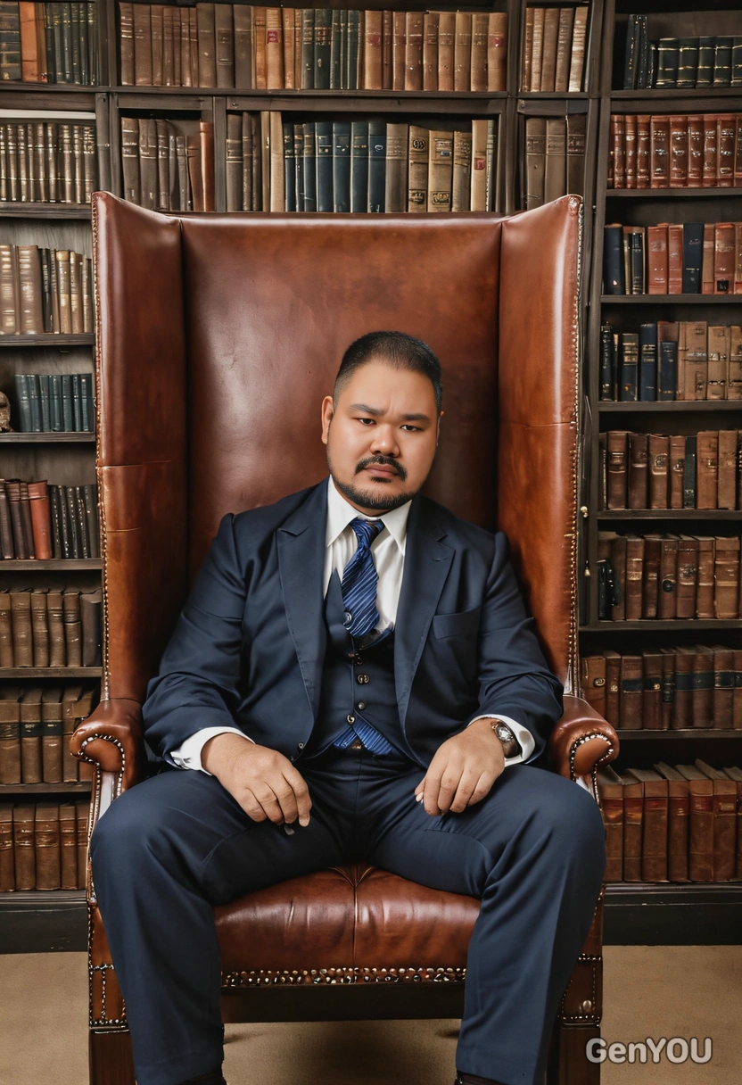 seated in a high-backed chair, surrounded by walls of leather-bound books