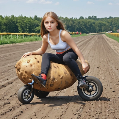 riding a potato with wheels like it’s a race car