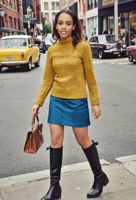 in a 1960s mini skirt and go-go boots, walking down a city street, with a retro color fade