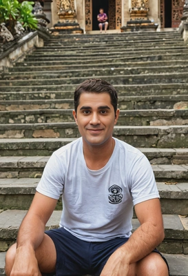 sitting on the steps of a temple in Bali