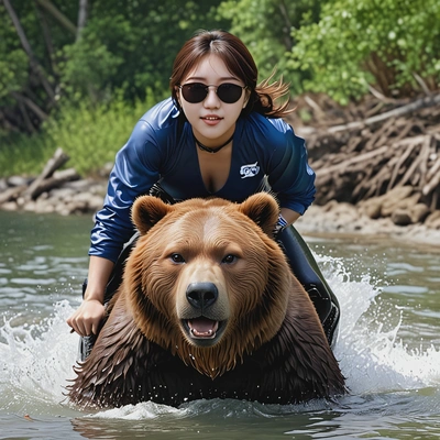  riding a massive brown bear, galloping through shallow water, sunglases