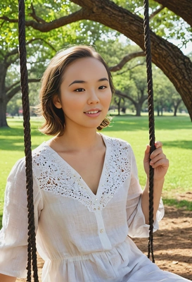 in a light linen dress enjoying a quiet moment on a swing under a large oak tree in a park, close-up shot