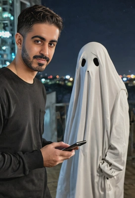 typing on my phone cluelessly, a ghost standing beside me, night, blurred background