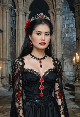 As a vampire queen, wearing a black lace gown with blood-red jewelry, stand regally inside a gothic castle bathed in moonlight