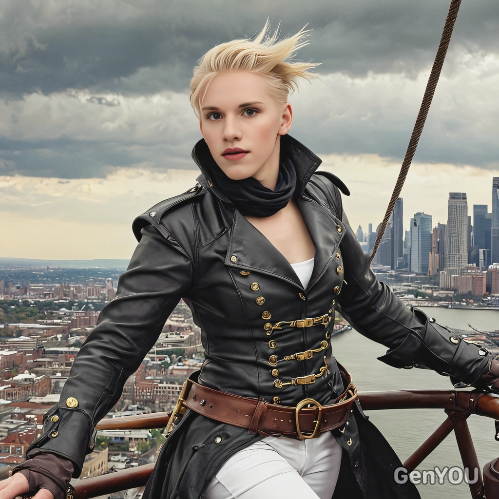 as a Steampunk pirate, in a worn leather coat, steering a flying ship above a city skyline