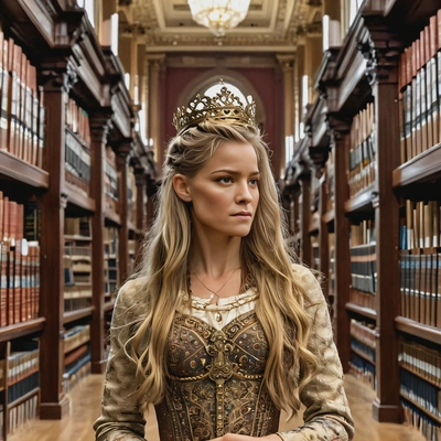 a queen, with long hair, in a massive library