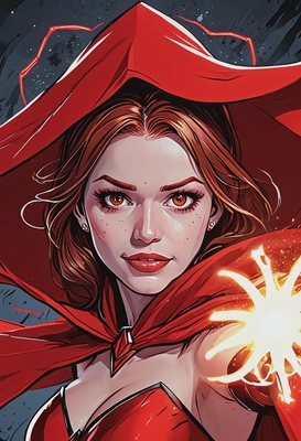 Hand-drawn flat cartoon style, Scarlet Witch from Marvel Comics, oversized cartoon big sparkling eyes, red headpiece and flowing cape, casting chaotic red magic with swirling energy, dynamic pose, sharp outlines, glowing crimson lighting, waist-up portrait, fractured dimensional background