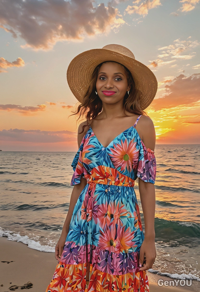 as a woman, with a stunning sunset backdrop, wearing a breezy summer dress and a wide-brimmed hat, with the sky ablaze with colors