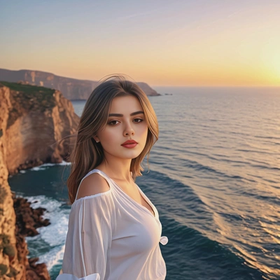 An Algerian girl standing on a cliff by the sea, looking at the horizon calmly, deep blue ocean with gentle waves, clear sky at sunset, soft natural lighting, simple elegant outfit, authentic Algerian coastline in the background, realistic photography style, high quality, detailed, peaceful and serene mood، make boobs big and bit