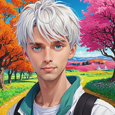 in a colorful countryside, anime style, big eyes, manga drawing