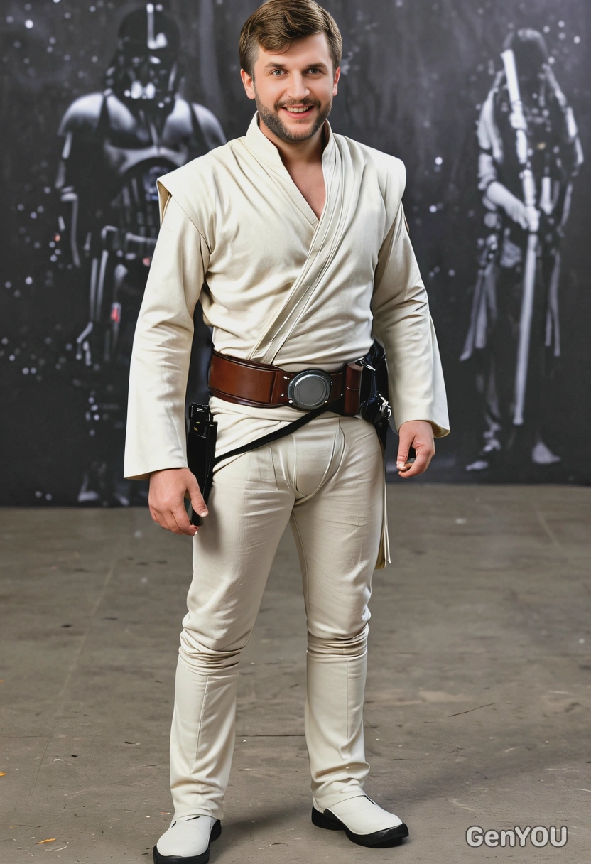 as Luke Skywalker at costume party, funky party blurry background, full body